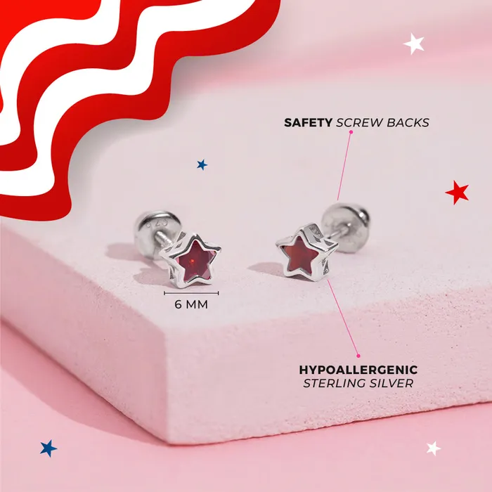 CZ Birthstone Star Simulated Garnet Kids Childrens Girls Earrings Screw Back Sterling Silver Split Earrings