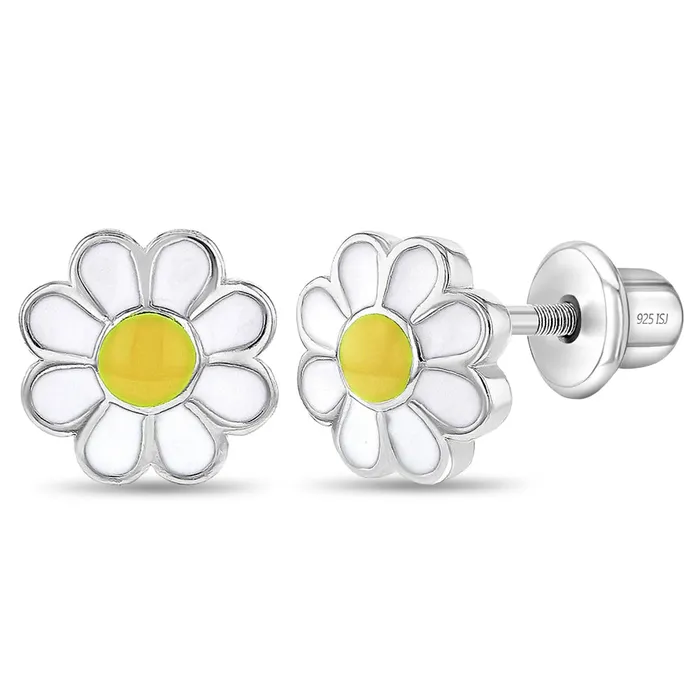 Delightful Daisy Baby Toddler Kids Earrings Screw Back Enamel Sterling Silver Kids Screw Back Earrings Earrings