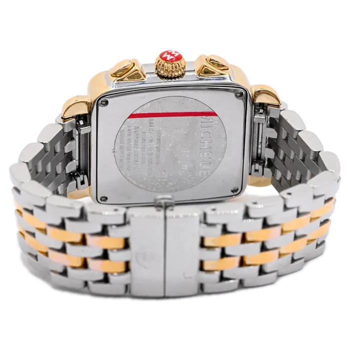 Rings Happy Jewelers Michele Ladies Deco Diamond Chronograph Two Tone Plated Yellow Gold and Steel 33mm White MOP Diamond Dial Watch Reference MW06P00C9046