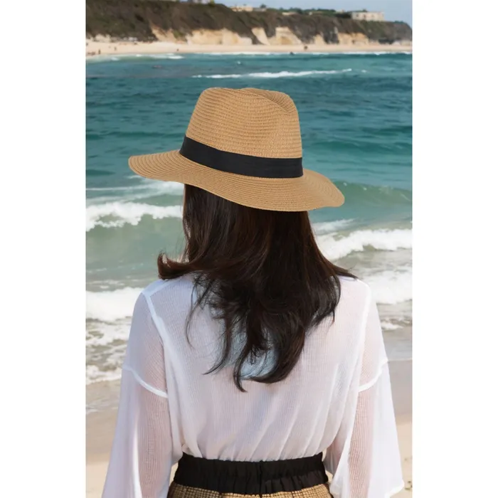 Wide Brim Straw Fedora Sun Hat with Black Band Lightweight Packable Summer Panama Hat for UV Protection ALILANGCOM Rings